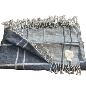 Nido Notte Italia Made In Italy Gray Blue Windowpane Fringe Scarf Wrap 52x26